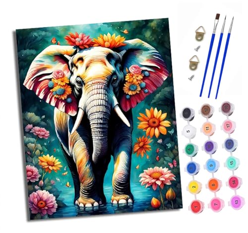 Malen Nach Zahlen Erwachsene - AnfäNger - Knitterfreie Leinwand Elefant mit Blumen geschmückt Pinsels Und Acrylfarbe - Diy Handgemalt öLgemäLde Kit Als Geschenk 40 X 50cm Malen Nach Zahlen Erwachsene - AnfäNger - Knitterfreie Leinwand Elefant mit Blumen geschmückt Pinsels Und Acrylfarbe - Diy Handgemalt öLgemäLde Kit Als Geschenk 40 X 50cm von XXHXIE
