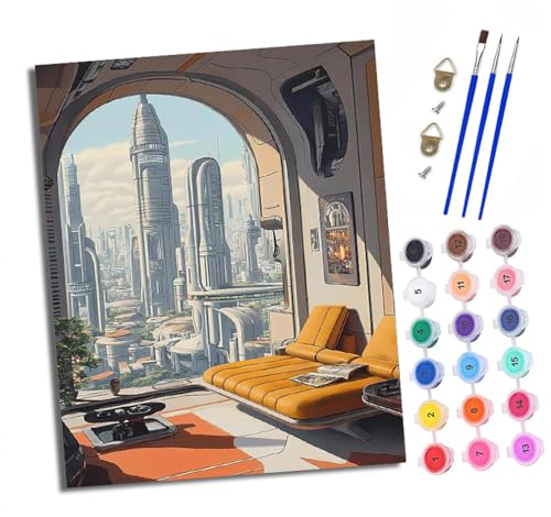 Malen Nach Zahlen Erwachsene - AnfäNger - Knitterfreie Leinwand Future-Zimmer mit Stadtblick Pinsels Und Acrylfarbe - Diy öLgemäLde Kit Als Geschenk 40 X 50cm Mit Rahmen von XXHXIE