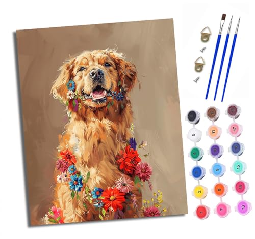 Malen Nach Zahlen Erwachsene - AnfäNger - Knitterfreie Leinwand Golden Retriever mit Blumen Pinsels Und Acrylfarbe - Diy Handgemalt öLgemäLde Kit Als Geschenk 40 X 50cm Malen Nach Zahlen Erwachsene - AnfäNger - Knitterfreie Leinwand Golden Retriever mit Blumen Pinsels Und Acrylfarbe - Diy Handgemalt öLgemäLde Kit Als Geschenk 40 X 50cm von XXHXIE