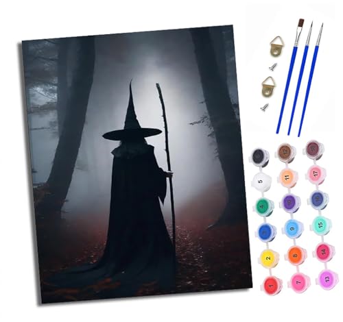 Malen Nach Zahlen Erwachsene - AnfäNger - Knitterfreie Leinwand Hexe im Nebel Zurück Pinsels Und Acrylfarbe - Diy öLgemäLde Kit Als Geschenk 40 X 50cm Mit Rahmen von XXHXIE