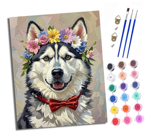 Malen Nach Zahlen Erwachsene - AnfäNger - Knitterfreie Leinwand Husky Hund mit Kranz Pinsels Und Acrylfarbe - Diy Handgemalt öLgemäLde Kit Als Geschenk 40 X 50cm Malen Nach Zahlen Erwachsene - AnfäNger - Knitterfreie Leinwand Husky Hund mit Kranz Pinsels Und Acrylfarbe - Diy Handgemalt öLgemäLde Kit Als Geschenk 40 X 50cm von XXHXIE