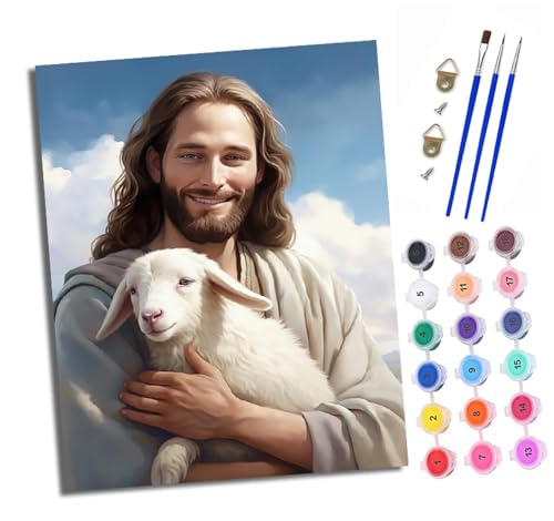 Malen Nach Zahlen Erwachsene - AnfäNger - Knitterfreie Leinwand Jesus hält ein Schaf Pinsels Und Acrylfarbe - Diy Handgemalt öLgemäLde Kit Als Geschenk 40 X 50cm von XXHXIE
