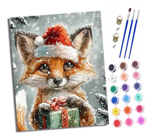 Malen Nach Zahlen Erwachsene - AnfäNger - Knitterfreie Leinwand Kleiner Fuchs mit Weihnachtsmütze Pinsels Und Acrylfarbe - Diy Handgemalt öLgemäLde Kit Als Geschenk 40 X 50cm von XXHXIE