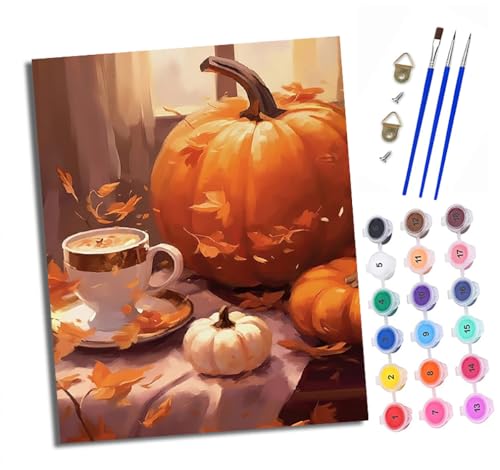 Malen Nach Zahlen Erwachsene - AnfäNger - Knitterfreie Leinwand Kürbis und Kaffeetasse Pinsels Und Acrylfarbe - Diy öLgemäLde Kit Als Geschenk 40 X 50cm Mit Rahmen von XXHXIE