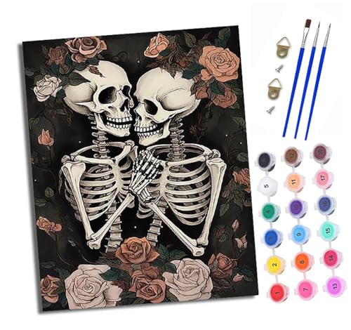 Malen Nach Zahlen Erwachsene - AnfäNger - Knitterfreie Leinwand Rose und Totenkopf umarmen sich Pinsels Und Acrylfarbe - Diy öLgemäLde Kit Als Geschenk 40 X 50cm Mit Rahmen von XXHXIE