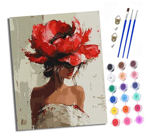 Malen Nach Zahlen Erwachsene - AnfäNger - Knitterfreie Leinwand Rote Blumen Mädchen Pinsels Und Acrylfarbe - Diy Handgemalt öLgemäLde Kit Als Geschenk 40 X 50cm von XXHXIE