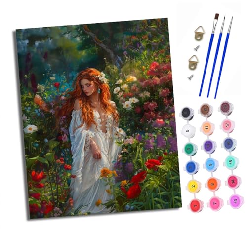 Malen Nach Zahlen Erwachsene - AnfäNger - Knitterfreie Leinwand Rothaarige Schönheit in den Blumen Pinsels Und Acrylfarbe - Diy Handgemalt öLgemäLde Kit Als Geschenk 40 X 50cm von XXHXIE