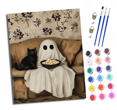 Malen Nach Zahlen Erwachsene - AnfäNger - Knitterfreie Leinwand Schwarze Geisterkatze isst Popcorn Pinsels Und Acrylfarbe - Diy öLgemäLde Kit Als Geschenk 40 X 50cm Mit Rahmen von XXHXIE