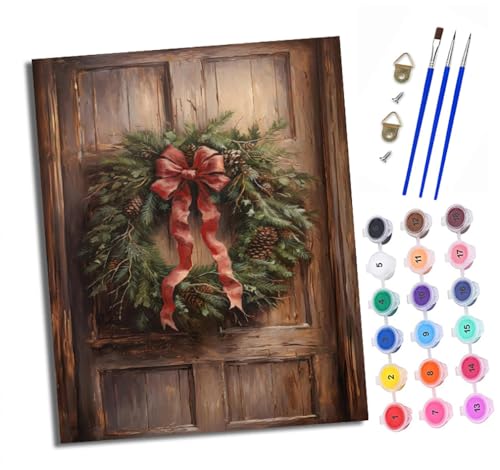Malen Nach Zahlen Erwachsene - AnfäNger - Knitterfreie Leinwand Weihnachtskranz an der Tür Pinsels Und Acrylfarbe - Diy öLgemäLde Kit Als Geschenk 40 X 50cm Mit Rahmen von XXHXIE