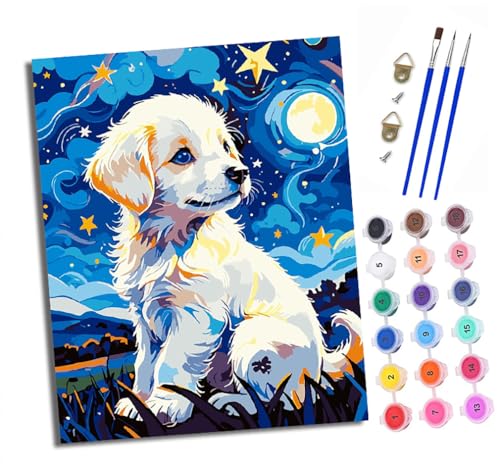 Malen Nach Zahlen Erwachsene - AnfäNger - Knitterfreie Leinwand Welpe unter dem Sternenhimmel Pinsels Und Acrylfarbe - Diy Handgemalt öLgemäLde Kit Als Geschenk 40 X 50cm von XXHXIE