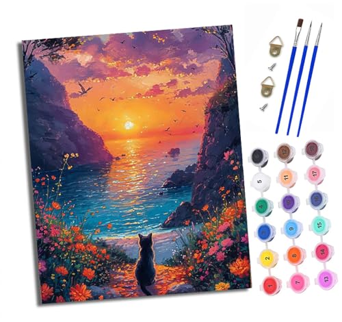 Malen Nach Zahlen Erwachsene-DIY Handgemalt Ölgemälde KitKatze beobachtet den Sonnenuntergang für Anfänger Mit 3-Pinseln und Acrylfarbe Handgemalt öLgemäLde Kit Als Geschenk 40x50cm (Rahmenlos) von XXHXIE