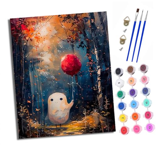 Malen Nach Zahlen Erwachsene-DIY Handgemalt Ölgemälde KitKleines Gespenst mit einem roten Ballon für Anfänger Mit 3-Pinseln und Acrylfarbe Handgemalt öLgemäLde Kit Als Geschenk 40x50cm (Mit Rahmen) von XXHXIE