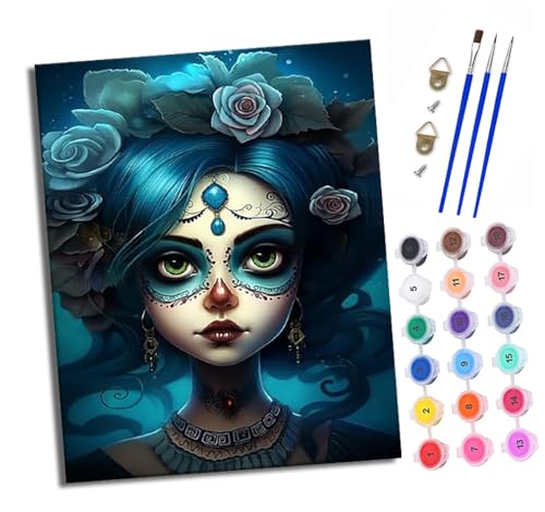 Malen Nach Zahlen Erwachsene-DIY Handgemalt Ölgemälde KitMädchen mit blauen Haaren und Blumen für Anfänger Mit 3-Pinseln und Acrylfarbe Handgemalt öLgemäLde Kit Als Geschenk 40x50cm (Rahmenlos) von XXHXIE