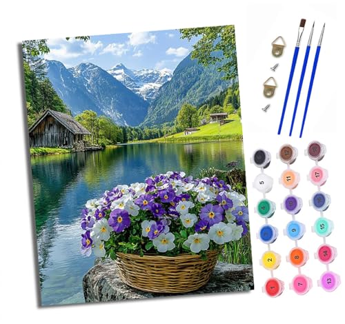 Malen Nach Zahlen Erwachsene Handgemalt Ölgemälde KitWunderschöne Landschaft mit Blumenkörben am Seeufer für Anfänger Mit 3-Pinseln und Acrylfarbe Handgemalt öLgemäLde Kit Als Geschenk(Mit Rahmen) Malen Nach Zahlen Erwachsene Handgemalt Ölgemälde KitWunderschöne Landschaft mit Blumenkörben am Seeufer für Anfänger Mit 3-Pinseln und Acrylfarbe Handgemalt öLgemäLde Kit Als Geschenk(Mit Rahmen) von XXHXIE