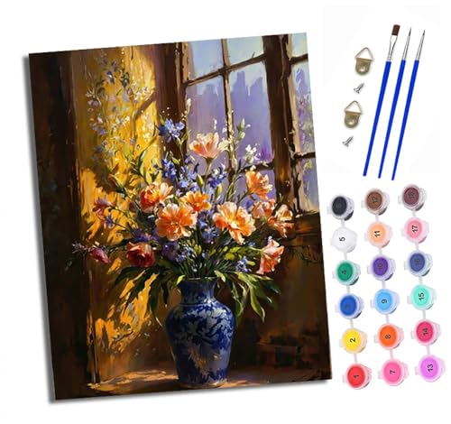 Malen nach Zahlen DIY Handgemalt Ölgemälde Set für Anfänger und Jugendliche Fensterbank Vase Blume Ölgemälde Pinsel und Acrylfarbe 40x50 cm Mit Rahmen ideal als Geschenk oder zur Heimdekoration Malen nach Zahlen DIY Handgemalt Ölgemälde Set für Anfänger und Jugendliche Fensterbank Vase Blume Ölgemälde Pinsel und Acrylfarbe 40x50 cm Mit Rahmen ideal als Geschenk oder zur Heimdekoration von XXHXIE