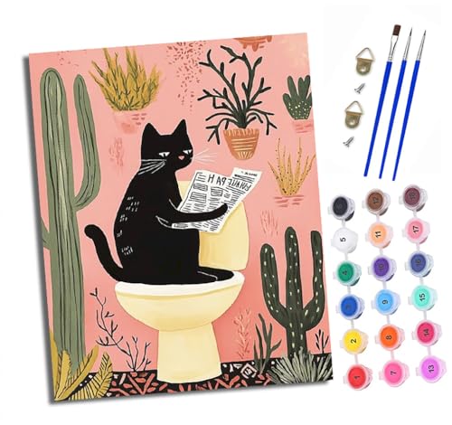 Malen nach Zahlen DIY Handgemalt Ölgemälde Set für Anfänger und Jugendliche Katze sitzt auf der Toilette und liest Zeitung Pinsel und Acrylfarbe Mit Rahmen ideal als Geschenk oder zur Heimdekoration von XXHXIE