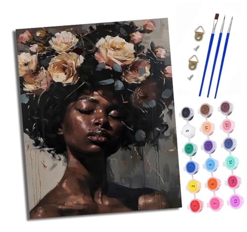 Malen nach Zahlen Erwachsene Afrikanische Mädchen Blumen DIY Handgemalt Ölgemälde Kit Paint by Numbers Adult Mit 3 - Pinseln und Acrylfarbe Knitterfreie Leinwand set - 40 X 50 CM von XXHXIE