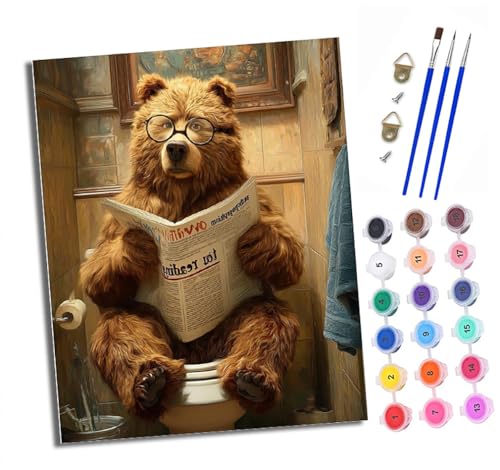 Malen nach Zahlen Erwachsene Bär liest eine Zeitung auf der Toilette DIY Handgemalt Ölgemälde Kit Paint by Numbers Adult Mit 3 - Pinseln und Acrylfarbe Knitterfreie Leinwand set - 40 X 50 CM von XXHXIE