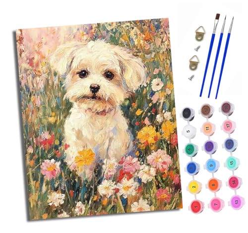 Malen nach Zahlen Erwachsene Bichon Frise Garten DIY Handgemalt Ölgemälde Kit Paint by Numbers Adult Mit 3 - Pinseln und Acrylfarbe knitterfreie leinwand Kit - 40 X 50 CM von XXHXIE