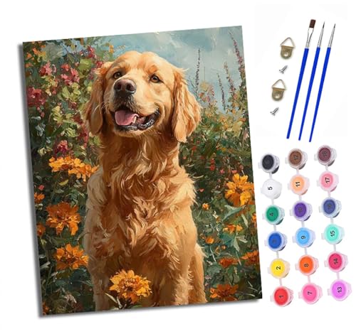 Malen nach Zahlen Erwachsene Blumen Golden Retriever Farbe DIY Handgemalt Ölgemälde Kit Paint by Numbers Adult Mit 3 - Pinseln und Acrylfarbe knitterfreie leinwand Kit - 40 X 50 CM von XXHXIE