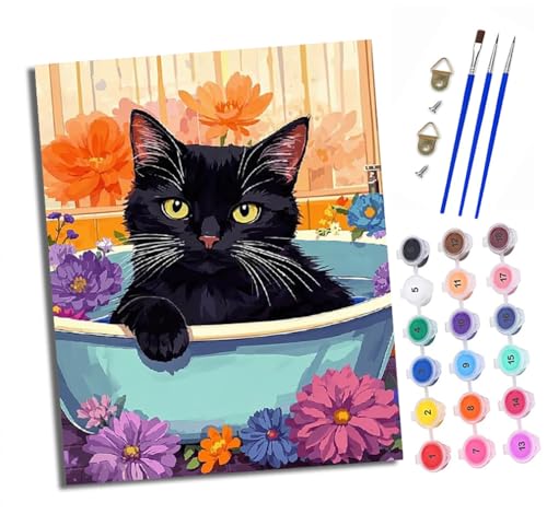 Malen nach Zahlen Erwachsene Blumen baden schwarze Katze DIY Handgemalt Ölgemälde Kit Paint by Numbers Adult Mit 3 - Pinseln und Acrylfarbe knitterfreie leinwand Kit - 40 X 50 CM von XXHXIE