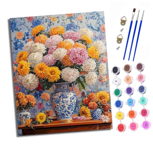 Malen nach Zahlen Erwachsene Blumen in einer blau-weißen Porzellanvase DIY Handgemalt Ölgemälde Kit Mit 3 - Pinseln und Acrylfarbe Knitterfreie Leinwand set - 40 X 50 CM Mit Rahmen von XXHXIE