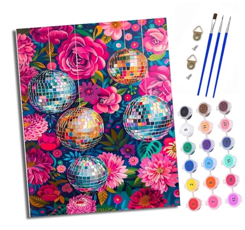 Malen nach Zahlen Erwachsene Blumen und Discokugeln DIY Handgemalt Ölgemälde Kit Paint by Numbers Adult Mit 3 - Pinseln und Acrylfarbe Knitterfreie Leinwand set - 40 X 50 CM von XXHXIE