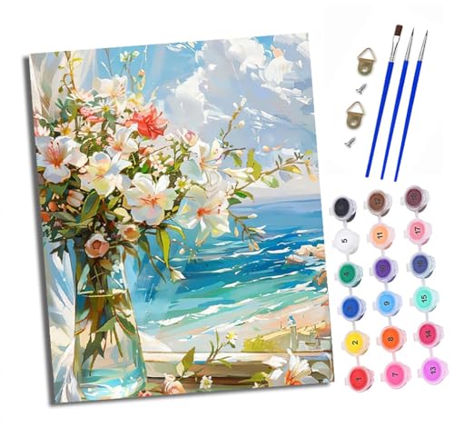 Malen nach Zahlen Erwachsene Blumenstrauß am Fenster mit Meerblick DIY Handgemalt Ölgemälde Kit Mit 3 - Pinseln und Acrylfarbe knitterfreie leinwand Kit - 40 X 50 CM Mit Rahmen Malen nach Zahlen Erwachsene Blumenstrauß am Fenster mit Meerblick DIY Handgemalt Ölgemälde Kit Mit 3 - Pinseln und Acrylfarbe knitterfreie leinwand Kit - 40 X 50 CM Mit Rahmen von XXHXIE