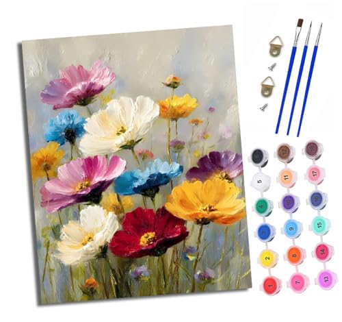 Malen nach Zahlen Erwachsene Bunte Blumen DIY Handgemalt Ölgemälde Kit Mit 3 - Pinseln und Acrylfarbe Knitterfreie Leinwand set - 40 X 50 CM Mit Rahmen von XXHXIE