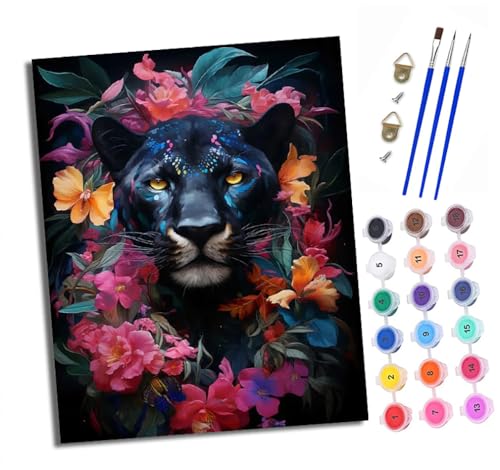 Malen nach Zahlen Erwachsene Bunte Blumen schwarzer Panther DIY Handgemalt Ölgemälde Kit Paint by Numbers Adult Mit 3 - Pinseln und Acrylfarbe knitterfreie leinwand Kit - 40 X 50 CM von XXHXIE