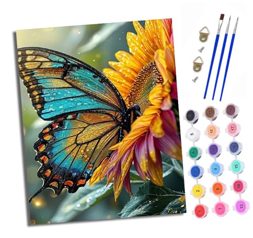 Malen nach Zahlen Erwachsene Bunte Blumen und Schmetterlinge DIY Handgemalt Ölgemälde Kit Mit 3 - Pinseln und Acrylfarbe knitterfreie leinwand Kit - 40 X 50 CM Mit Rahmen von XXHXIE