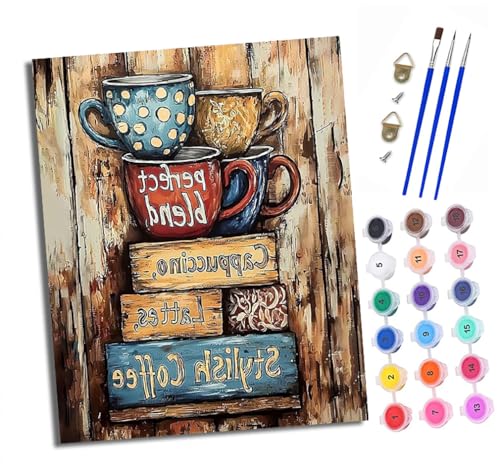 Malen nach Zahlen Erwachsene Bunte Kaffeetassenkombination DIY Handgemalt Ölgemälde Kit Paint by Numbers Adult Mit 3 - Pinseln und Acrylfarbe Knitterfreie Leinwand set - 40 X 50 CM von XXHXIE