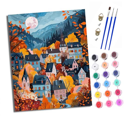 Malen nach Zahlen Erwachsene Bunte Stadt in den Bergen DIY Handgemalt Ölgemälde Kit Paint by Numbers Adult Mit 3 - Pinseln und Acrylfarbe Knitterfreie Leinwand set - 40 X 50 CM von XXHXIE