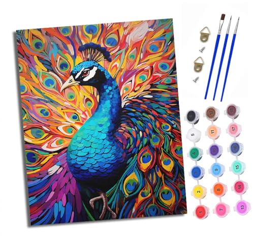 Malen nach Zahlen Erwachsene Bunter Pfau mit offenem Schwanz DIY Handgemalt Ölgemälde Kit Mit 3 - Pinseln und Acrylfarbe knitterfreie leinwand Kit - 40 X 50 CM Mit Rahmen von XXHXIE