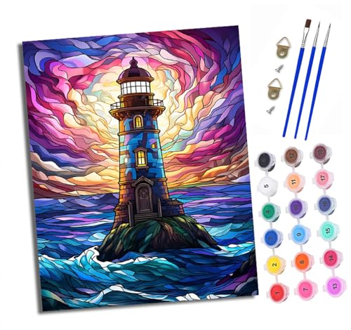 Malen nach Zahlen Erwachsene Bunter Wellen-Leuchtturm DIY Handgemalt Ölgemälde Kit Paint by Numbers Adult Mit 3 - Pinseln und Acrylfarbe Knitterfreie Leinwand set - 40 X 50 CM von XXHXIE