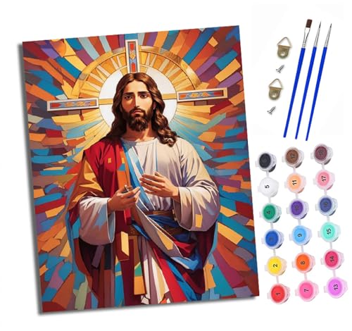 Malen nach Zahlen Erwachsene Buntes Kreuz Jesus DIY Handgemalt Ölgemälde Kit Paint by Numbers Adult Mit 3 - Pinseln und Acrylfarbe knitterfreie leinwand Kit - 40 X 50 CM von XXHXIE
