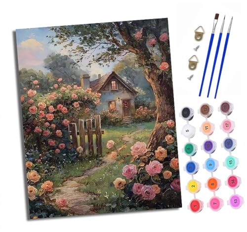Malen nach Zahlen Erwachsene Ein Häuschen umgeben von Rosen DIY Handgemalt Ölgemälde Kit Paint by Numbers Adult Mit 3 - Pinseln und Acrylfarbe Knitterfreie Leinwand set - 40 X 50 CM von XXHXIE