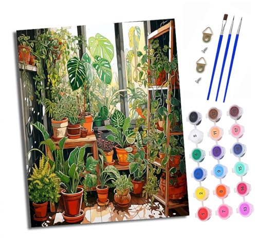 Malen nach Zahlen Erwachsene Eine kleine grüne Pflanzenwelt am Fenster DIY Handgemalt Ölgemälde Kit Paint by Numbers Adult Mit 3 - Pinseln und Acrylfarbe Knitterfreie Leinwand set - 40 X 50 CM von XXHXIE