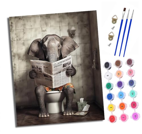 Malen nach Zahlen Erwachsene Elefant liest Zeitung auf Toilette DIY Handgemalt Ölgemälde Kit Mit 3 - Pinseln und Acrylfarbe knitterfreie leinwand Kit - 40 X 50 CM Mit Rahmen von XXHXIE
