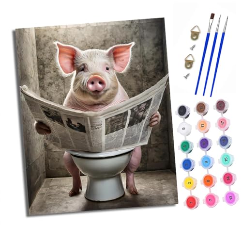 Malen nach Zahlen Erwachsene Ferkel liest Zeitung auf Toilette DIY Handgemalt Ölgemälde Kit Mit 3 - Pinseln und Acrylfarbe Knitterfreie Leinwand set - 40 X 50 CM Mit Rahmen von XXHXIE