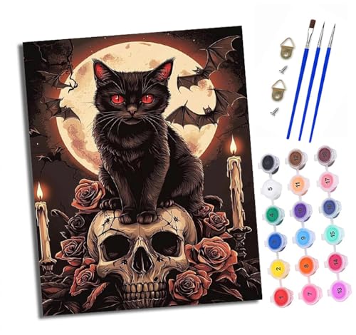 Malen nach Zahlen Erwachsene Fledermaus Schwarze Katze Totenkopf DIY Handgemalt Ölgemälde Kit Paint by Numbers Adult Mit 3 - Pinseln und Acrylfarbe knitterfreie leinwand Kit - 40 X 50 CM von XXHXIE