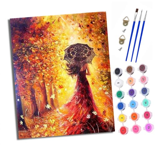 Malen nach Zahlen Erwachsene Frau in Rot mit einem Regenschirm DIY Handgemalt Ölgemälde Kit Paint by Numbers Adult Mit 3 - Pinseln und Acrylfarbe Knitterfreie Leinwand set - 40 X 50 CM von XXHXIE