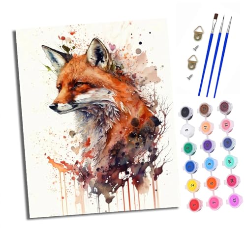 Malen nach Zahlen Erwachsene Fuchs im Tintenspritzer-Stil DIY Handgemalt Ölgemälde Kit Mit 3 - Pinseln und Acrylfarbe Knitterfreie Leinwand set - 40 X 50 CM Mit Rahmen von XXHXIE