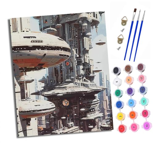 Malen nach Zahlen Erwachsene Futuristische Science-Fiction-Stadt DIY Handgemalt Ölgemälde Kit Mit 3 - Pinseln und Acrylfarbe knitterfreie leinwand Kit - 40 X 50 CM Mit Rahmen von XXHXIE