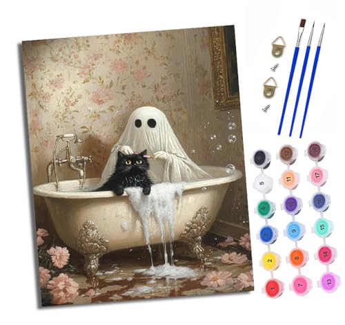 Malen nach Zahlen Erwachsene Geist badet die schwarze Katze DIY Handgemalt Ölgemälde Kit Mit 3 - Pinseln und Acrylfarbe knitterfreie leinwand Kit - 40 X 50 CM Mit Rahmen von XXHXIE