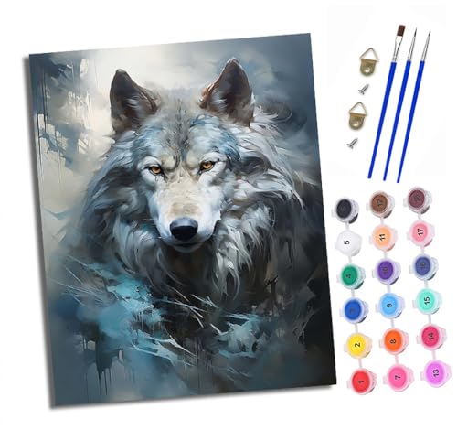Malen nach Zahlen Erwachsene Grauer Wolf DIY Handgemalt Ölgemälde Kit Paint by Numbers Adult Mit 3 - Pinseln und Acrylfarbe knitterfreie leinwand Kit - 40 X 50 CM von XXHXIE