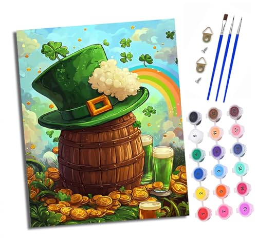 Malen nach Zahlen Erwachsene Grüner Hut, Goldmünzenfass DIY Handgemalt Ölgemälde Kit Paint by Numbers Adult Mit 3 - Pinseln und Acrylfarbe knitterfreie leinwand Kit - 40 X 50 CM von XXHXIE