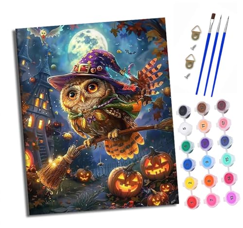 Malen nach Zahlen Erwachsene Halloween-Eule DIY Handgemalt Ölgemälde Kit Paint by Numbers Adult Mit 3 - Pinseln und Acrylfarbe Knitterfreie Leinwand set - 40 X 50 CM von XXHXIE