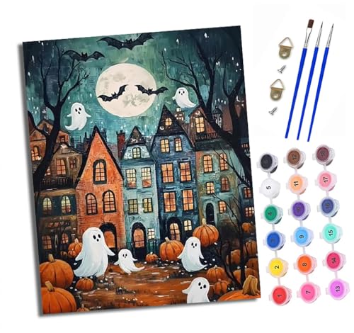 Malen nach Zahlen Erwachsene Halloween-Geisterstadt DIY Handgemalt Ölgemälde Kit Mit 3 - Pinseln und Acrylfarbe knitterfreie leinwand Kit - 40 X 50 CM Mit Rahmen von XXHXIE