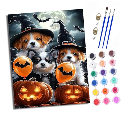 Malen nach Zahlen Erwachsene Halloween-Welpe DIY Handgemalt Ölgemälde Kit Paint by Numbers Adult Mit 3 - Pinseln und Acrylfarbe Knitterfreie Leinwand set - 40 X 50 CM von XXHXIE